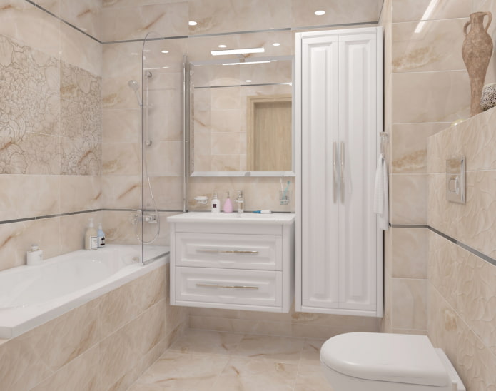 afwerking van een badkamer in beige marmer