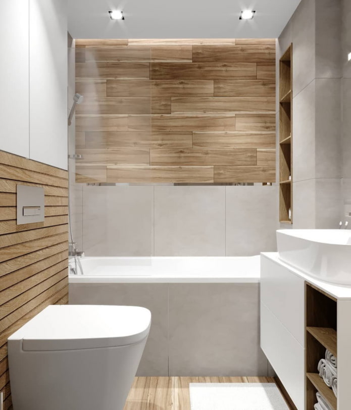 horizontale tegels met houtlook in een kleine badkamer