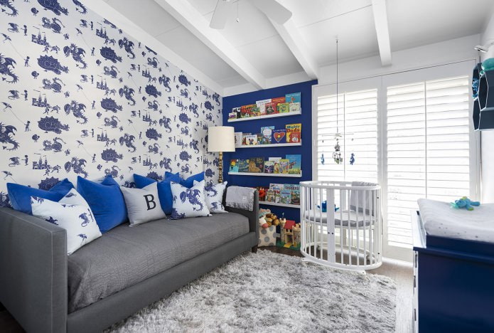 wit en blauw behang voor een jongenskamer