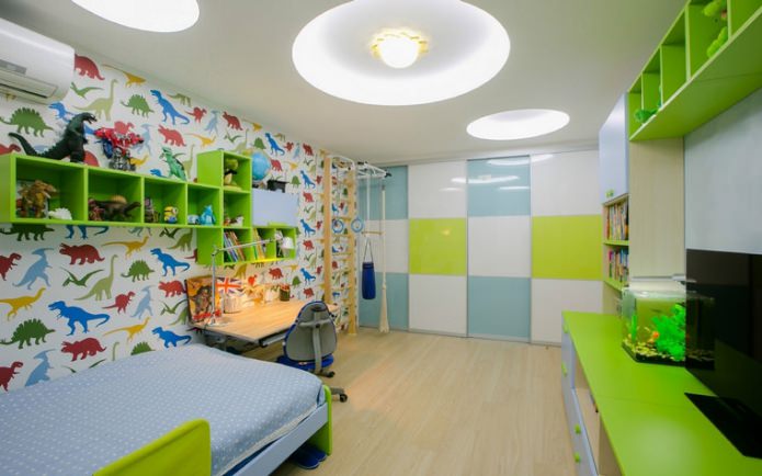behang met dinosaurussen in een kinderkamer voor een jongen van 3-6 jaar