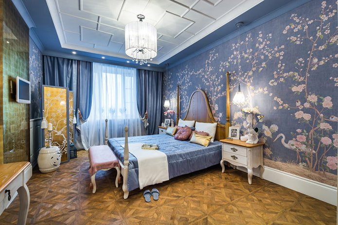 blauw behang in de slaapkamer