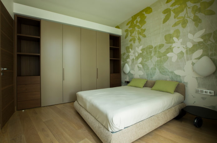 kleurencombinatie in het interieur van de slaapkamer in groene tinten