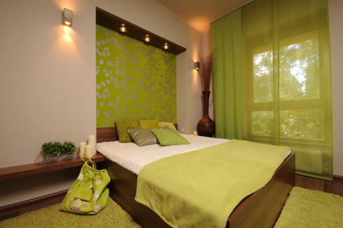 kleurencombinatie in het interieur van de slaapkamer in groene tinten