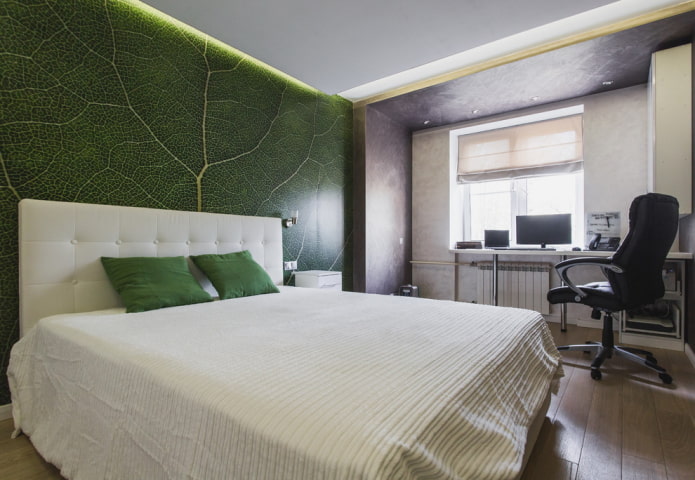 kleurencombinatie in het interieur van de slaapkamer in groene tinten