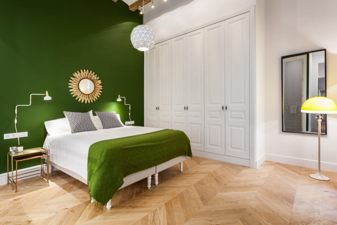 meubels in het interieur van de slaapkamer in groene tinten