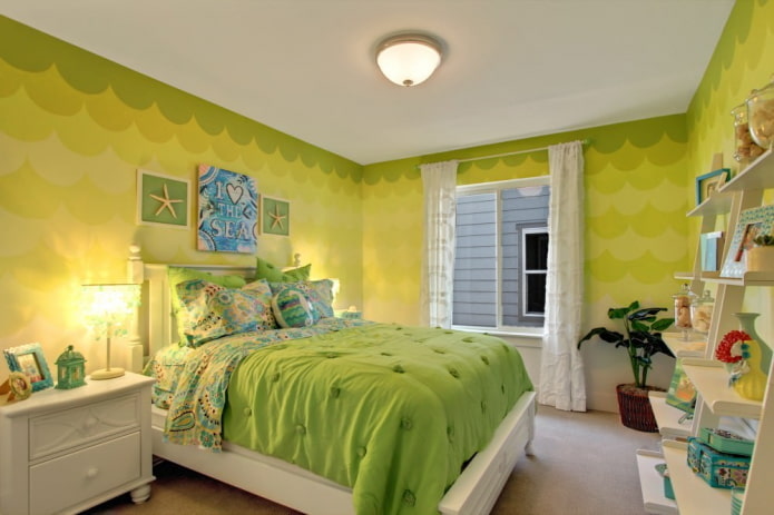 kleurencombinatie in het interieur van de slaapkamer in groene tinten