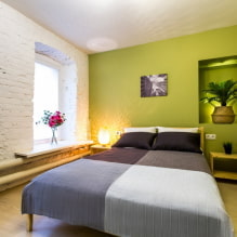 Groene slaapkamer: tinten, combinaties, keuze uit afwerking, meubels, gordijnen, verlichting-2