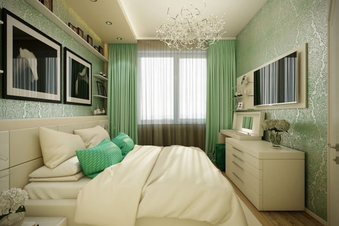 kleurencombinatie in het interieur van de slaapkamer in groene tinten