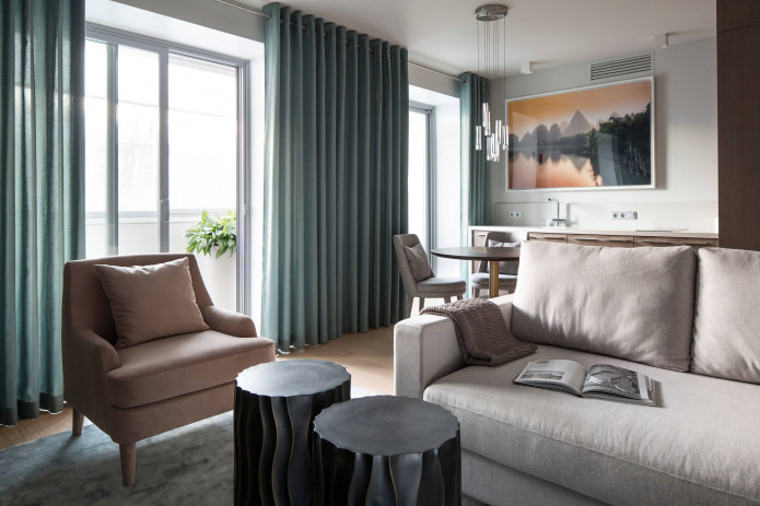 mintkleurige gordijnen in een strak interieur