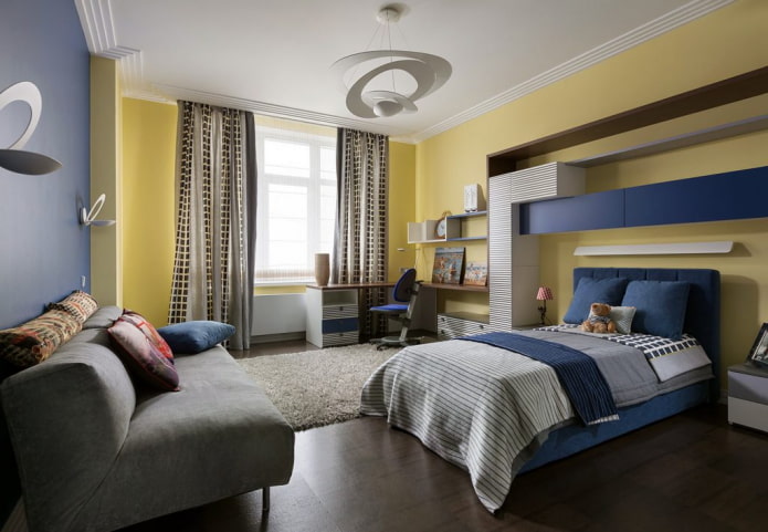 interieur van een slaapkamer voor een jongen in gele tinten
