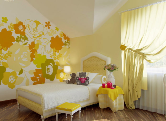 Geel en oranje behang in de kinderkamer