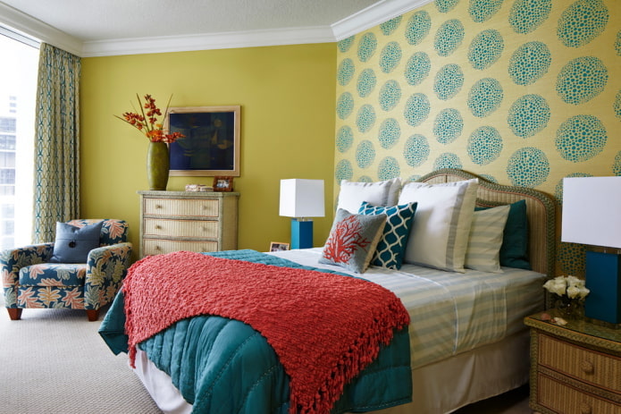 Geel en turquoise behang in de slaapkamer