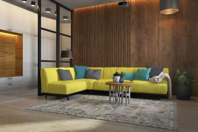 gele hoekbank in het interieur