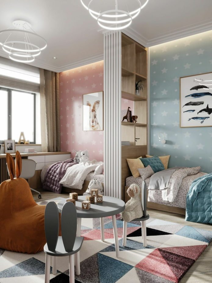 ontwerp van een kamer voor kinderen van verschillende geslachten