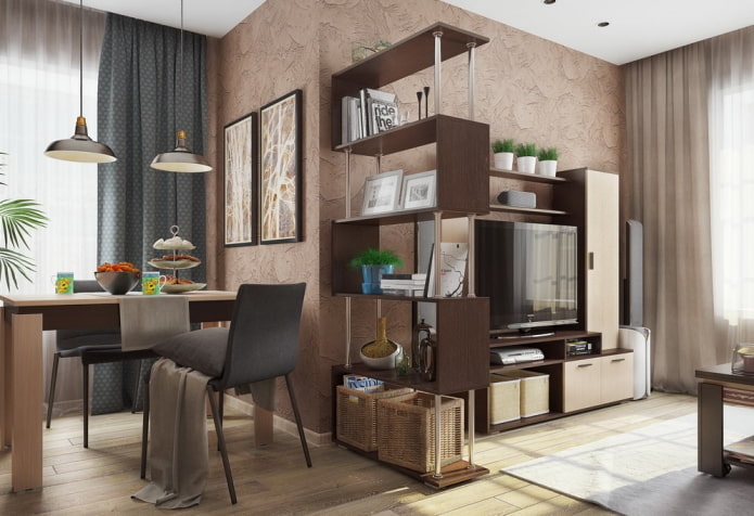 zonering met een rek in het interieur van de keuken-woonkamer
