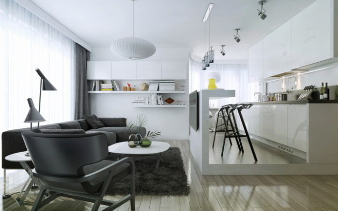 zonering met meerlaagse structuren in het interieur van de keuken-woonkamer