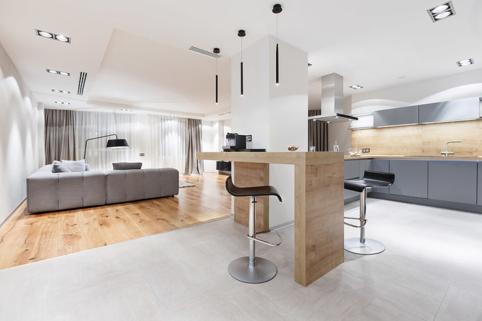 zonering met afwerkingsmaterialen in het interieur van de keuken-woonkamer