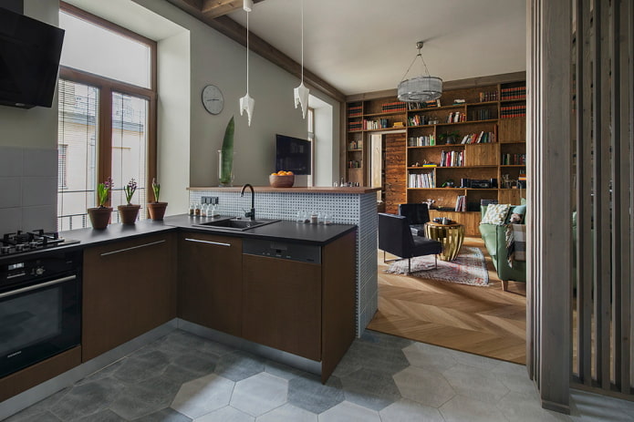 zonering met afwerkingsmaterialen in het interieur van de woonkeuken