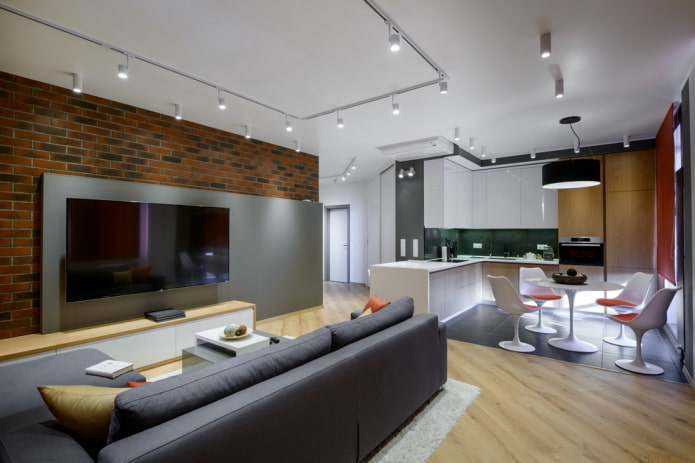 zonering met afwerkingsmaterialen in het interieur van de keuken-woonkamer
