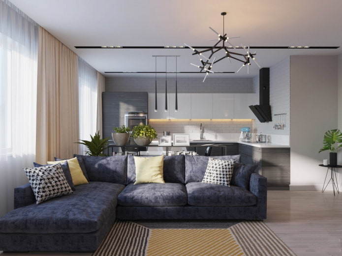 zonering met een bank in de interieur van de keuken-woonkamer