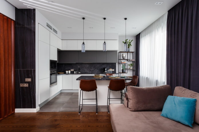 zonering met een eiland in het interieur van de woonkeuken