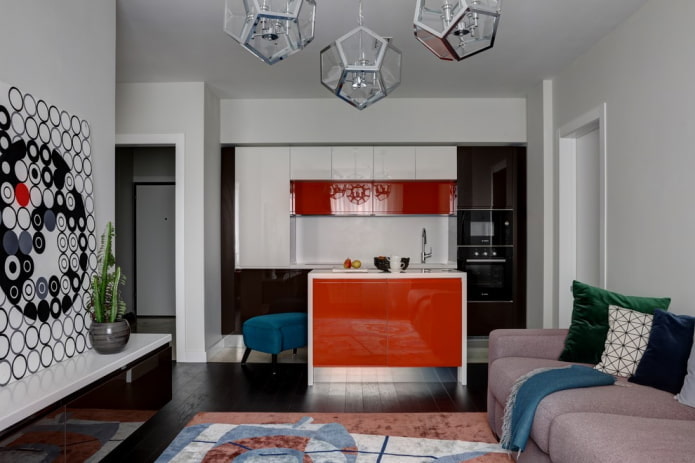 zonering met een eiland in het interieur van de woonkeuken