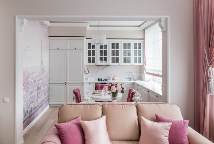 zonering met een portaal in het interieur van de keuken-woonkamer