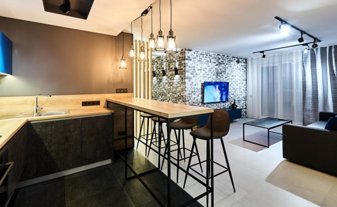 kleurzonering in het interieur van de woonkeuken