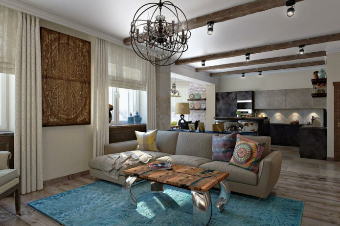 originele zoneringoptie in het interieur van de keuken-woonkamer